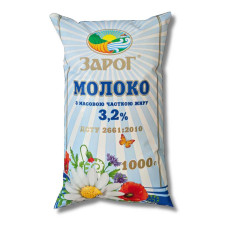 Молоко пастеризоване 3.2% 1л плівка ТМ Зарог